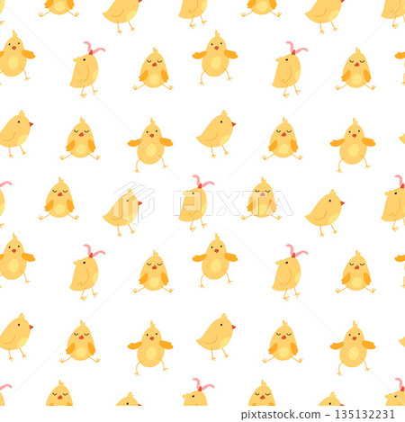 Seamless pattern with cute cartoon chicks. Easter festive illustration. Cute lovely family of domestic fowl or poultry birds. Childish flat cartoon vector illustration. Seamless pattern with cute cartoon chicks. Easter festive illustration. Cute lovely family of domestic fowl or poultry birds. Childish flat cartoon vector illustration. 135132231