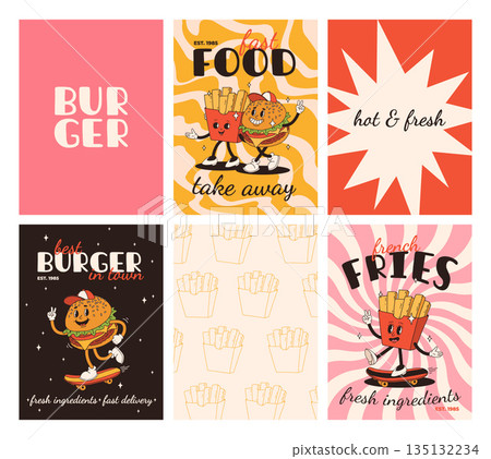 Set of fast food posters. Retro groovy cards with street food characters. Brochure with funky groovy burger, french fries, soda, ice cream, donut, pie, coffee to go, sandwich. Fast food delivery Set of fast food posters. Retro groovy cards with street food characters. Brochure with funky groovy burger, french fries, soda, ice cream, donut, pie, coffee to go, sandwich. Fast food delivery 135132234