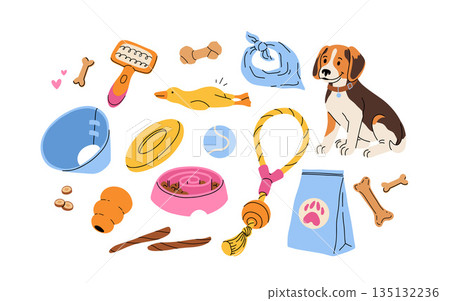 Dog accessories and toys supply set for puppy shop. Veterinary food product and care goods, dog clothes and beds. vector illustration isolated on white background Dog accessories and toys supply set for puppy shop. Veterinary food product and care goods, dog clothes and beds. vector illustration isolated on white background 135132236