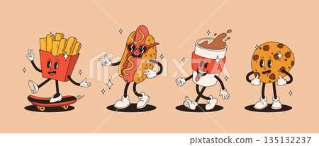 Set of fast food retro groovy cartoon character. Vintage mascot of burger, pizza, hot dog, ice cream, french fries, coffee to go, donut and soda with happy smile. Funky street food illustration 135132237