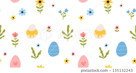 Lovely hand drawn Easter seamless pattern with bunnies, doodles, flowers, easter eggs, beautiful background. Suitable for Easter cards, banner, textiles, wallpapers. Lovely hand drawn Easter seamless pattern with bunnies, doodles, flowers, easter eggs, beautiful background. Suitable for Easter cards, banner, textiles, wallpapers. 135132243