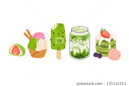 Matcha tea, latte, iced matcha. Vector set with japanese matcha desserts. Collection with mochi, cake and roll cake, pancakes, macaron, soft serve ice cream, matcha tart and cupcake with strawberry. Matcha tea, latte, iced matcha. Vector set with japanese matcha desserts. Collection with mochi, cake and roll cake, pancakes, macaron, soft serve ice cream, matcha tart and cupcake with strawberry. 135132251