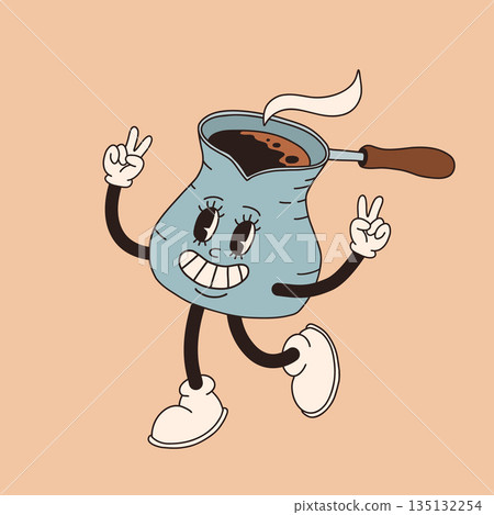 Retro cartoon coffee cup character. Mug mascot in different poses. 60s 70s 80s groovy contour vector illustration. Espresso black coffee cup. Retro cartoon coffee cup character. Mug mascot in different poses. 60s 70s 80s groovy contour vector illustration. Espresso black coffee cup. 135132254