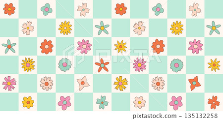Floral pattern in the style of the 70s with groovy daisy flowers. Retro floral naive vector design. Style of the 60s, 70s, 80s 135132258