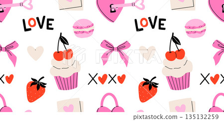 Valentine's Day seamless pattern with heart and other elements on a white background. Valentine's day, wedding and love concept. Vector background for wrapping paper, textile and others 135132259