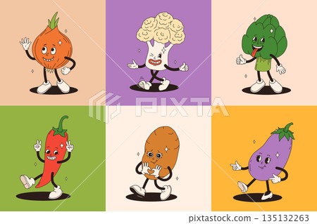 Funny vegetables retro cartoon characters sticker set. Modern label with cute comics characters. Hand drawn doodles of comic mascot. Set in modern cartoon style. 70s retro vibes. 135132263