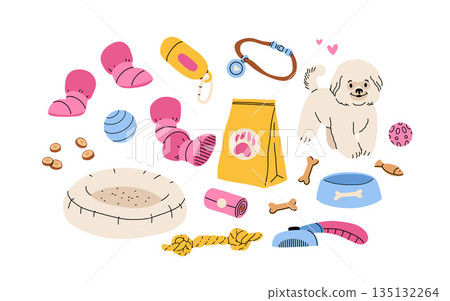 Dog accessories and toys supply set for puppy shop. Veterinary food product and care goods, dog clothes and beds. vector illustration isolated on white background 135132264