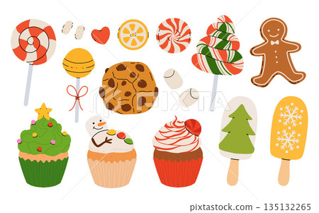 Set of sweets Various sweets, marshmallows, lollipops, cupcakes, candies for Thanksgiving and Christmas holidays. Confectionery, sweets and desserts Vector illustration on white Set of sweets Various sweets, marshmallows, lollipops, cupcakes, candies for Thanksgiving and Christmas holidays. Confectionery, sweets and desserts Vector illustration on white 135132265