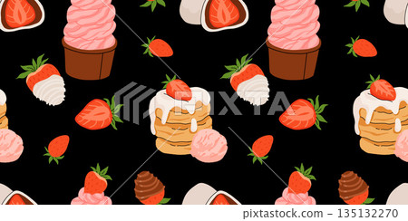 Strawberry flat vector seamless pattern. Summer drinks, sweets and desserts with taste of strawberries. Chocolate strawberry, cookie, sandwich, mochi, cheesecake, tanghulu. 135132270