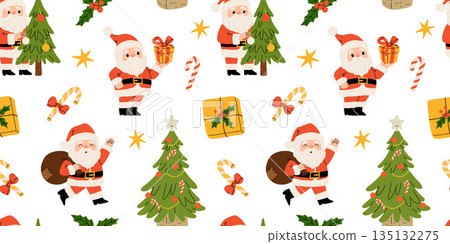 Christmas seamless pattern with santa claus, christmas tree, presents and sweets. Flat cartoon illustration for wrapping paper, textile, background. Christmas seamless pattern with santa claus, christmas tree, presents and sweets. Flat cartoon illustration for wrapping paper, textile, background. 135132275