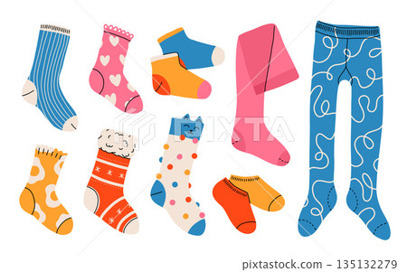 Big collection of trendy cotton, nylon, woolen, and sports socks with different patterns and textures. isolated flat illustrations on a white background. Clothing, apparel and garments set. Big collection of trendy cotton, nylon, woolen, and sports socks with different patterns and textures. isolated flat illustrations on a white background. Clothing, apparel and garments set. 135132279