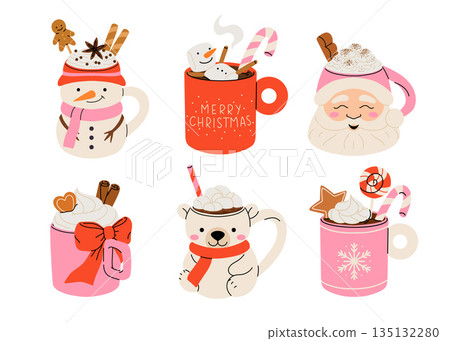 Christmas chocolate and eggnog drinks, winter holiday hot cups, vector icons. Christmas eggnog or milk punch beverages in cups and mugs, hot chocolate drinks for New Year and Xmas greeting card 135132280