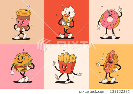 Set of fast food retro groovy cartoon character. Vintage mascot of burger, pizza, hot dog, ice cream, french fries, coffee to go, donut and soda with happy smile. Funky street food illustration Set of fast food retro groovy cartoon character. Vintage mascot of burger, pizza, hot dog, ice cream, french fries, coffee to go, donut and soda with happy smile. Funky street food illustration 135132285