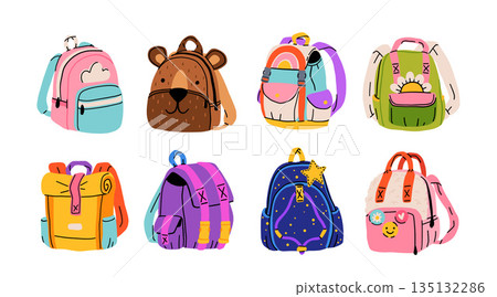 Set of childish school backpacks and schoolbags flat cartoon vector illustration. Collection of various kids bags isolated on white. Stylish accessories different shapes 135132286