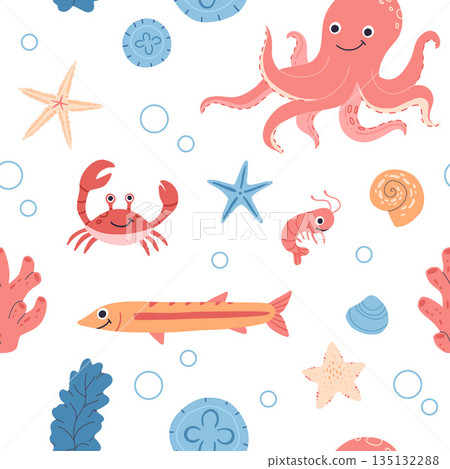 Sea animals, fish, whale, jellyfish, shell, coral and seaweed, crab, starfish. Seamless pattern of hand drawn sea life creatures and elements. Vector doodle cartoon set of marine life objects. Sea animals, fish, whale, jellyfish, shell, coral and seaweed, crab, starfish. Seamless pattern of hand drawn sea life creatures and elements. Vector doodle cartoon set of marine life objects. 135132288