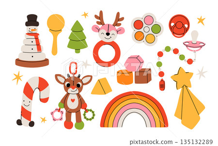 Set of christmas presents for a newborn baby or a toddler. Flat cartoon vector collection of winter toys and baby supplies, snowman pyramid, plush deer, cubes and pacifier. Set of christmas presents for a newborn baby or a toddler. Flat cartoon vector collection of winter toys and baby supplies, snowman pyramid, plush deer, cubes and pacifier. 135132289
