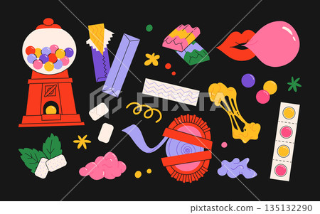 Bubble gum chewing candy, colorful sweet snack in pack for children isolated set on white background. Vintage Vector illustration of bubblegum sugar desserts with different shape and flavor Bubble gum chewing candy, colorful sweet snack in pack for children isolated set on white background. Vintage Vector illustration of bubblegum sugar desserts with different shape and flavor 135132290