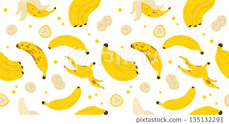 Banana seamless pattern. Trendy summer background. Vector illustration in hand drawn flat style. Vector print for fabric or wallpaper. Banana seamless pattern. Trendy summer background. Vector illustration in hand drawn flat style. Vector print for fabric or wallpaper. 135132291