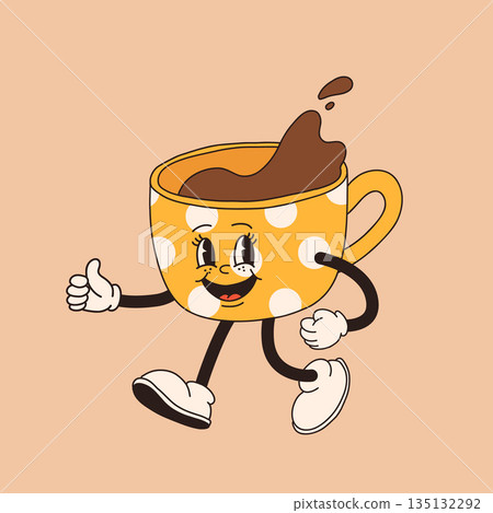 Retro cartoon coffee cup character. Mug mascot in different poses. 60s 70s 80s groovy contour vector illustration. Espresso black coffee cup. 135132292