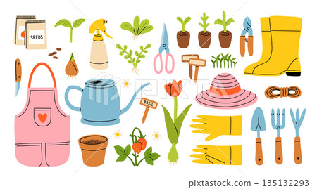 Set of gardening items in hand drawn cartoon style. Various agricultural and garden tools for spring work. Growing plants, flowers and herbs, seedling. Vector clip art illustration. 135132293