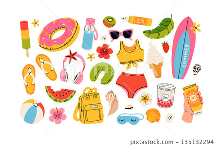 Set of summer stickers. Icons for tropical vacation. Flat vector seasonal collection with ice cream, pineapple, tropic leaves, plumeria, watermelon, surfboard, beach accessories, swimsuit Set of summer stickers. Icons for tropical vacation. Flat vector seasonal collection with ice cream, pineapple, tropic leaves, plumeria, watermelon, surfboard, beach accessories, swimsuit 135132294