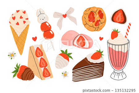 Strawberry set. Summer refreshing drinks, sweets and desserts with taste of strawberries. Chocolate strawberry. Flowers, petals, strawberries. Flat Vector illustration isolated on white background Strawberry set. Summer refreshing drinks, sweets and desserts with taste of strawberries. Chocolate strawberry. Flowers, petals, strawberries. Flat Vector illustration isolated on white background 135132295