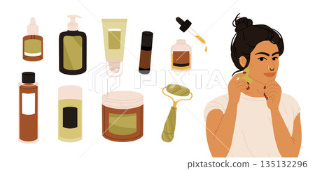 South Asian non binary person using gua sha tool, inclusive vector skincare self care routine illustration for beauty, diversity, and wellness South Asian non binary person using gua sha tool, inclusive vector skincare self care routine illustration for beauty, diversity, and wellness 135132296