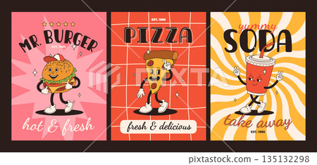 Cartoon fast food poster. Retro groovy cards with mascot food characters. Brochure design with quote text for cafe. Banner with funky groovy burger, french fries, soda, ice cream. Fast food delivery 135132298