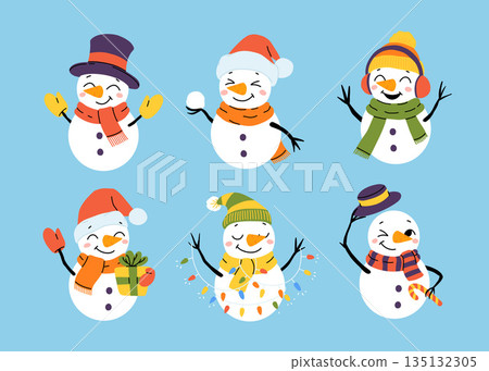 Set of Christmas vector cute snowmen in different hats and scarves. New year illustration. 135132305