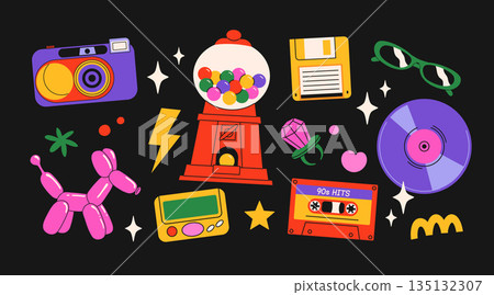 Classic 80s back to 90s elements in modern flat style. Hand drawn sticker set, vector illustration. Fashion patch, badge, emblem with vintage accessories. Classic 80s back to 90s elements in modern flat style. Hand drawn sticker set, vector illustration. Fashion patch, badge, emblem with vintage accessories. 135132307