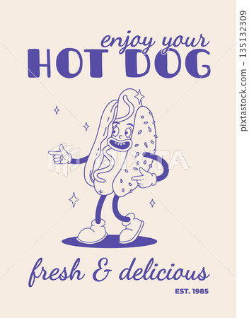 Fast food poster blue on beige. Retro groovy illustration with street food characters. Brochure with funky groovy burger, french fries, soda, ice cream, donut, pie, coffee to go. Fast food delivery 135132309