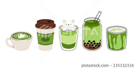 Set of Japan matcha latte. Collection of matcha drinks with latte art heart, leaf, bear, cat. Green iced matcha latte in various cups. Vector Illustration, flat cartoon Icons. 135132316