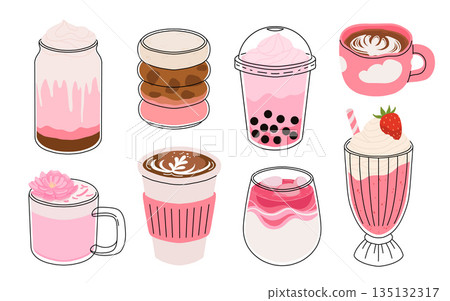 Collection of drinks for Valentine's Day. Mug with coffee, cocoa, hot chocolate, cream, bubble tea, strawberry milk with hearts, cherry cocktail, latte, love potion. Hot and cold beverages Collection of drinks for Valentine's Day. Mug with coffee, cocoa, hot chocolate, cream, bubble tea, strawberry milk with hearts, cherry cocktail, latte, love potion. Hot and cold beverages 135132317