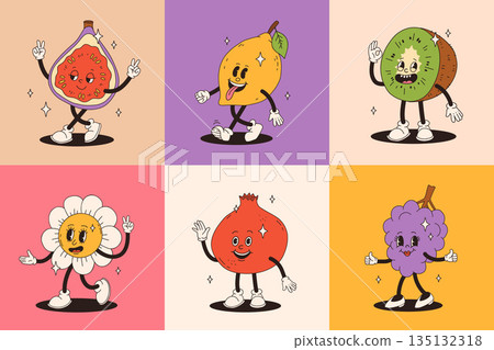 Retro groovy fruit characters. Big collection of funky happy mascots with happy smiling face. 135132318