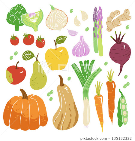 Lovely raw vegan concept illustration with fruits and vegetables. Tasty apple, ginger, tomato, squash, beet, carrot, pear and pumpkin, leek, artichoke, onion, garlic, been, asparagus in cartoon style 135132322