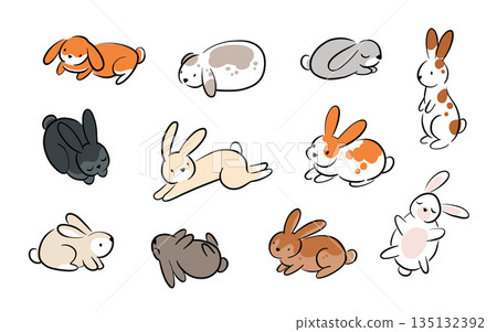 Set of Easter bunny in simple one line style. Colored Rabbit icon. line drawing of easter rabbit black and white minimalist hand drawn vector illustration. Isolated on white background. 135132392