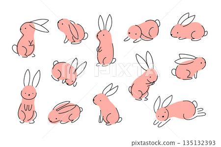 Set of Easter bunny in simple one line style. Colored Rabbit icon. line drawing of easter rabbit black and white minimalist hand drawn vector illustration. Isolated on white background. 135132393