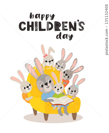 Greeting card for international children's day. cute mommy and baby rabbit in cartoon style. Hare mom and kid colorful illustration for childrens book, postcards and posters. Greeting card for international children's day. cute mommy and baby rabbit in cartoon style. Hare mom and kid colorful illustration for childrens book, postcards and posters. 135132408