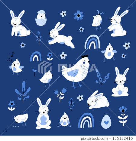 Collection of cute easter cartoon characters and spring decorative elements - bunnies, eggs, chickens, blooming flowers isolated on blue background. hare, hen and chicks with rainbow and flower 135132410