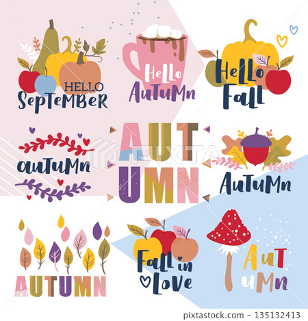 Set of autumn vector illustration with hand lettering. Trendy color palette and black ink phrases on abstract background. Cute typography elements. Set of autumn vector illustration with hand lettering. Trendy color palette and black ink phrases on abstract background. Cute typography elements. 135132413