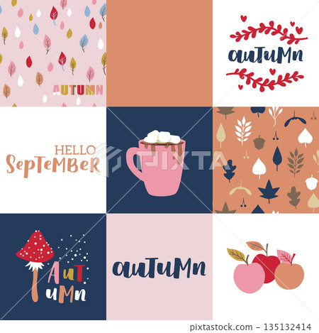 Set of autumn vector illustration with hand lettering. Trendy color palette and black ink phrases on abstract background. Cute typography elements. Set of autumn vector illustration with hand lettering. Trendy color palette and black ink phrases on abstract background. Cute typography elements. 135132414