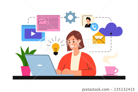 Working at home vector flat style illustration. Online career. Home office illustration. Young woman freelancer working on laptop or computer at home. Business woman at home in quarantine Working at home vector flat style illustration. Online career. Home office illustration. Young woman freelancer working on laptop or computer at home. Business woman at home in quarantine 135132415