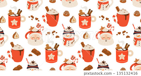 Seamless Christmas pattern with cacao drink, ginger cookie, present and lollipop. Vector illustration for textile, postcard, wrapping paper, poster, background, book, t-shirt. 135132416