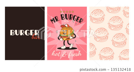 Set of fast food posters. Retro groovy cards with street food characters. Brochure with funky groovy burger, french fries, soda, ice cream, donut, pie, coffee to go, sandwich. Fast food delivery 135132418