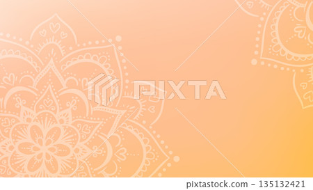 Round mandala on dreamy peach fuzz gradient background. Translucent mesh pattern in the form of a mandala. Mandala with floral patterns. Pastel Yoga template. Round mandala on dreamy peach fuzz gradient background. Translucent mesh pattern in the form of a mandala. Mandala with floral patterns. Pastel Yoga template. 135132421