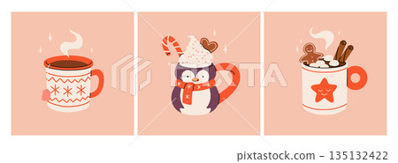 Christmas hot drink collection. Flat cartoon beverages. Holiday cute mugs with hot cocoa, coffee, and mulled wine. New year drinks decorated with sweets and candy. Isolated vector illustration Christmas hot drink collection. Flat cartoon beverages. Holiday cute mugs with hot cocoa, coffee, and mulled wine. New year drinks decorated with sweets and candy. Isolated vector illustration 135132422