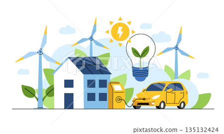 Renewable energy concept. Vector illustration of clean electric energy from renewable sources, sun, and wind. Sustainable green energy, renewable energy sources, and green electricity 135132424
