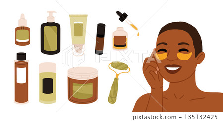 Woman applying cleansing and moisturizing face skincare products at home. Everyday skin care routine with cleanser and moisturizer. Colored flat graphic vector illustration isolated on white Woman applying cleansing and moisturizing face skincare products at home. Everyday skin care routine with cleanser and moisturizer. Colored flat graphic vector illustration isolated on white 135132425