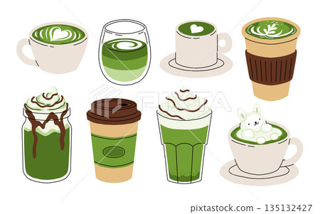 Japan matcha latte set. Flat cartoon illustration of matcha drinks. Matcha latte with foam art, heart, rabbit, flower. Green matcha in various cups. Japan matcha latte set. Flat cartoon illustration of matcha drinks. Matcha latte with foam art, heart, rabbit, flower. Green matcha in various cups. 135132427