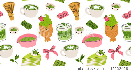 Japanese Matcha Food. Seamless pattern with Matcha Cheesecake and Matcha Tea. Vegan japanese green tea pastries and drink. Repeated Vector background, wrapping paper. Baked tart with green tea flavor. 135132428
